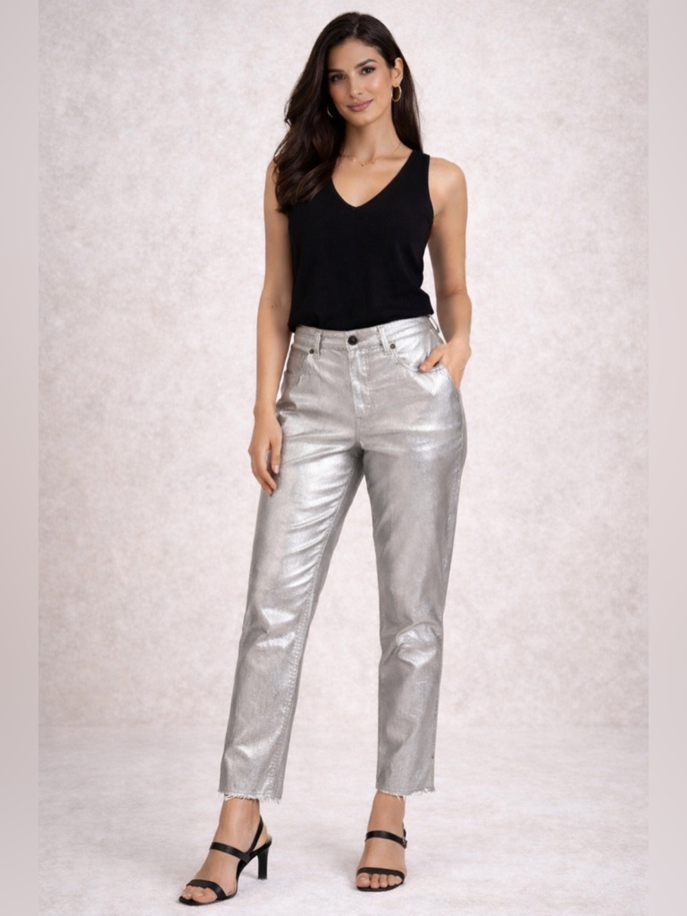 KUT From The Kloth Metallic Silver Jeans High Rise Straight Leg Size 12 NWT